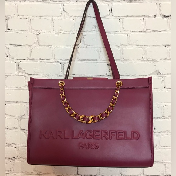 Karl Lagerfeld Wine Paris Savoie Logo Chain Leather Strap Tote NWT